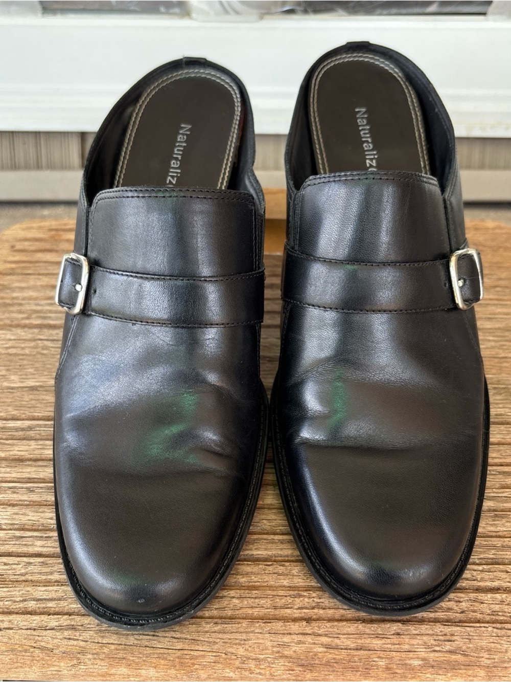 Naturalizer Black Leather Slip-On Clogs with Silver Buckles